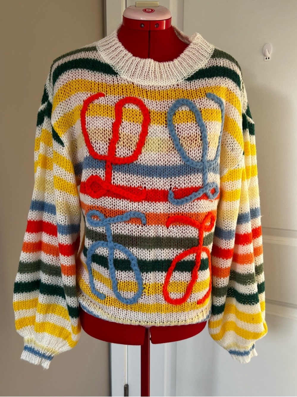 Multicolor Striped Knit Sweater with Graphic Stitching - White/Yellow/Green